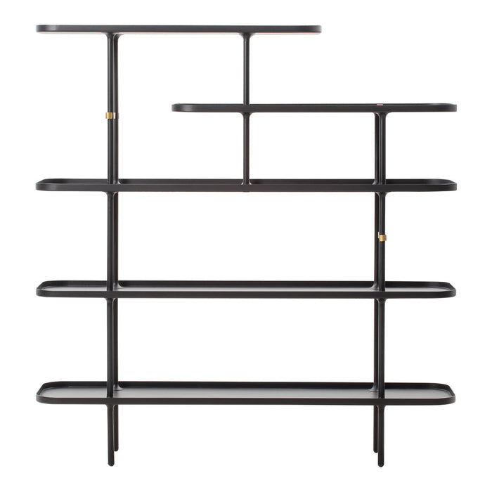 Black shelving unit with sleek lines and minimalistic design featuring gold accents for a modern touch.