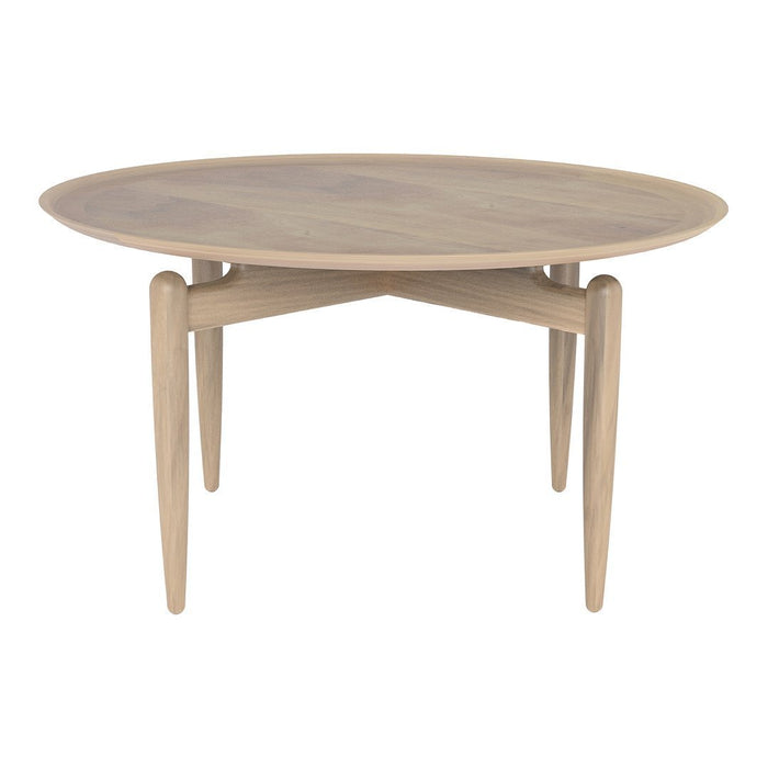 Round wooden coffee table with a natural finish and smooth surface, featuring simple, tapered legs and a minimalist design.