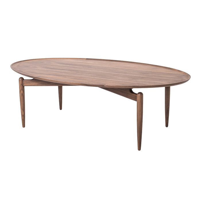 Elegant oval walnut coffee table with a smooth, natural wood finish and minimalist design. Ideal for modern decor.