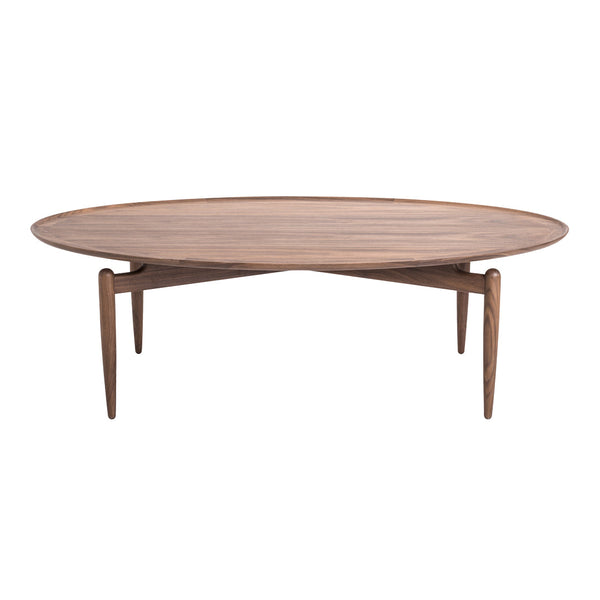 Round wooden coffee table with a smooth, natural finish and tapered legs, showcasing warm brown tones and simple elegance.