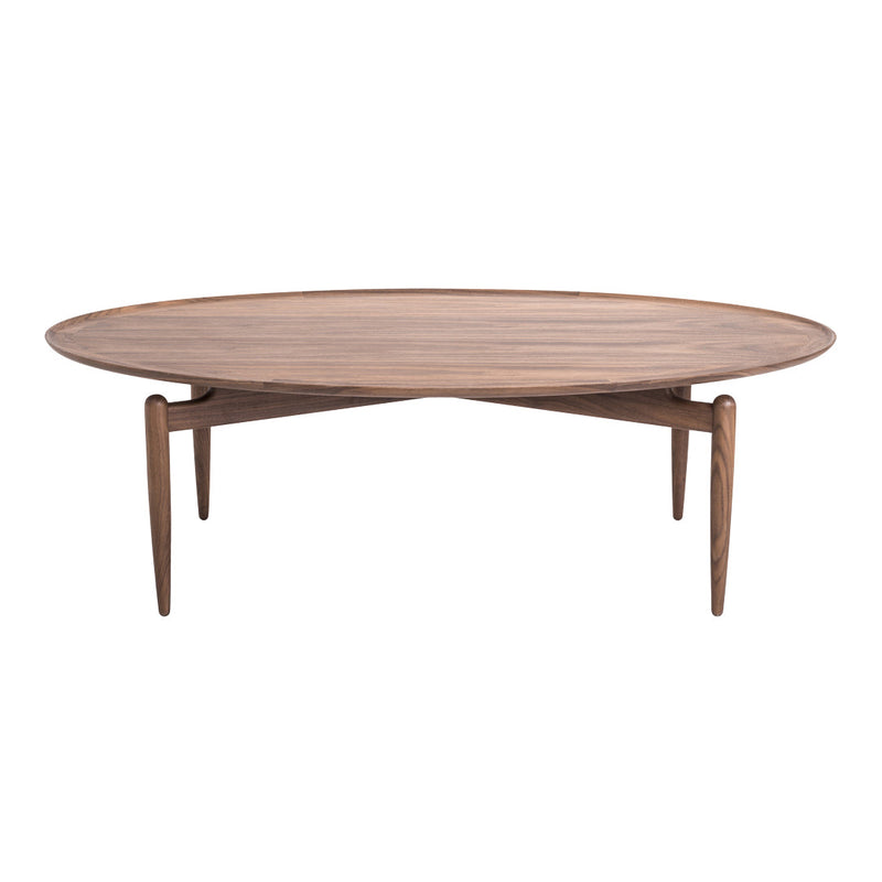 Round wooden coffee table with a smooth, natural finish and tapered legs, showcasing warm brown tones and simple elegance.