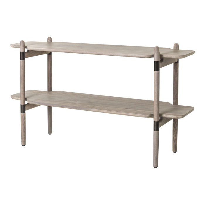 Light grey wooden shelf with clean lines and subtle patterns, featuring two spacious tiers supported by black accents.
