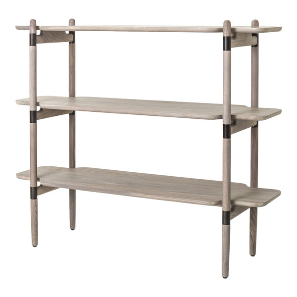 Light gray wooden shelf unit with sleek, minimalist design and black accents on the joints. Ideal for modern decor.