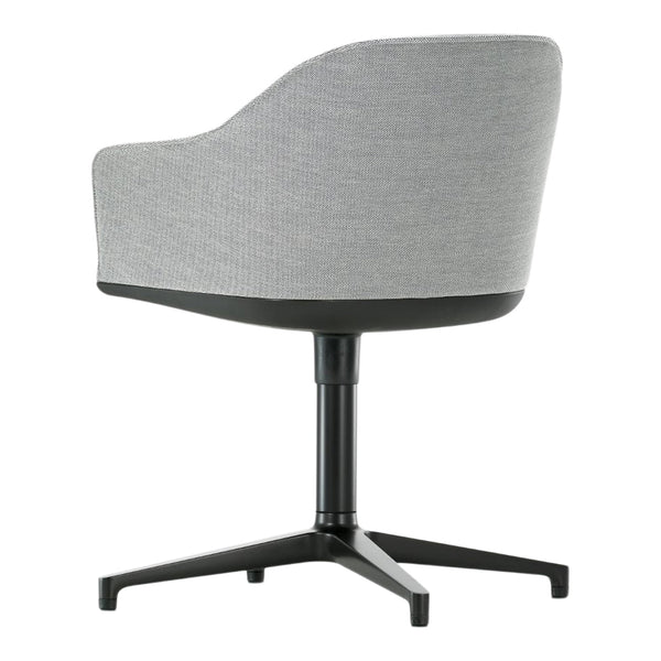 Gray upholstered swivel chair with a sleek black metal base, featuring a minimalist design and subtle texture.