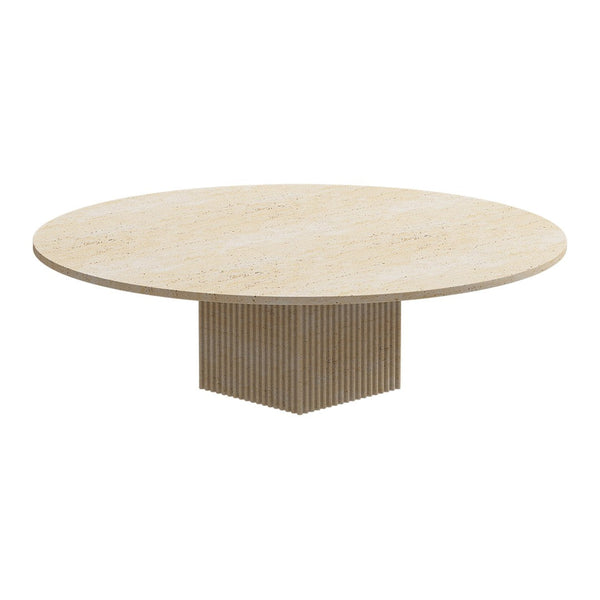 Round beige coffee table with a smooth surface and ribbed pedestal base, showcasing minimalistic design and neutral tones.
