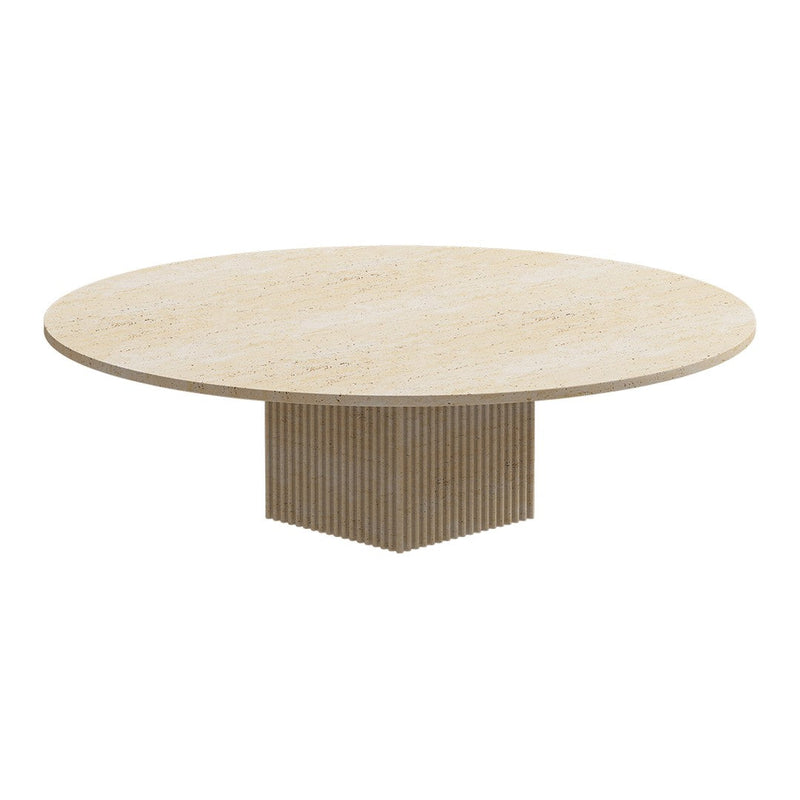 Round beige coffee table with a smooth surface and ribbed pedestal base, showcasing minimalistic design and neutral tones.