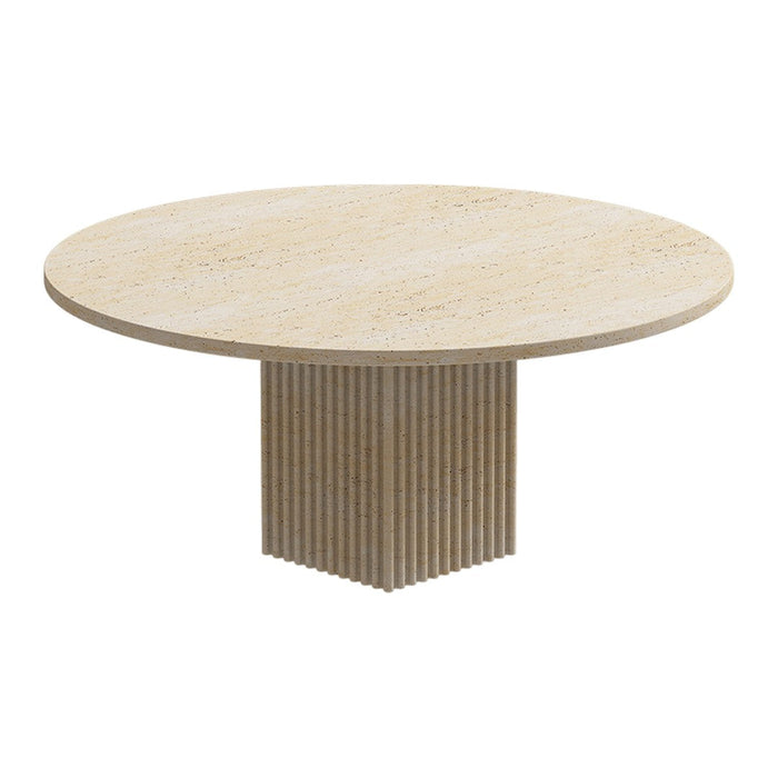 Round beige table with subtle textured surface and vertical striped base. Perfect for modern dining spaces.