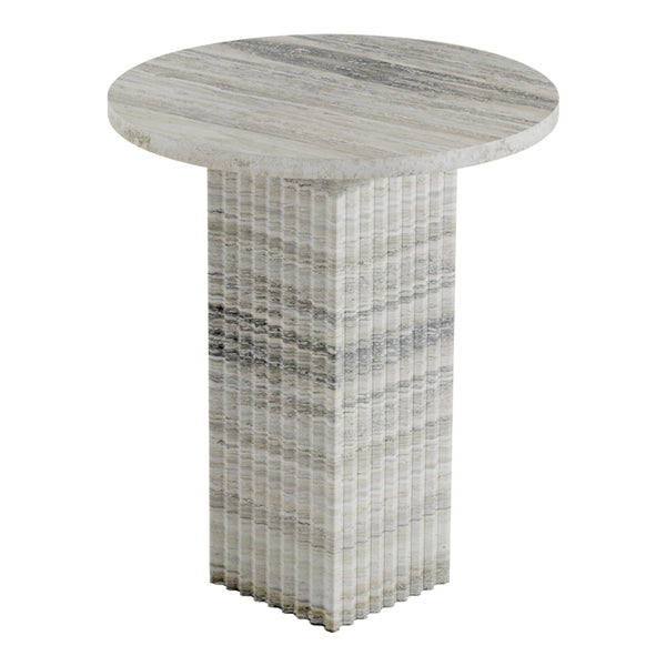 Round marble side table with a gray and white striped pattern, featuring a textured geometric base.