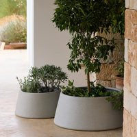 Grey textured planters in contemporary design, featuring smooth curves and a minimalist aesthetic, perfect for indoor/outdoor use.