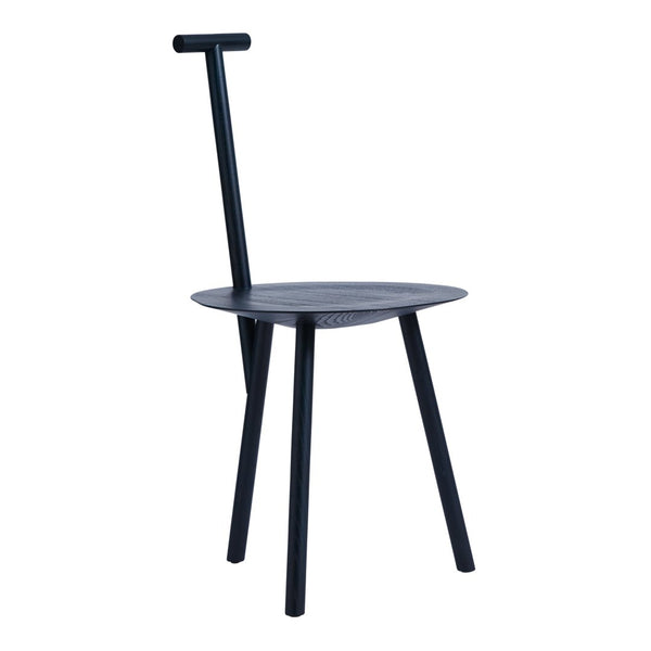 Black minimalist chair with a unique single backrest and circular seat, featuring a sleek, modern design.