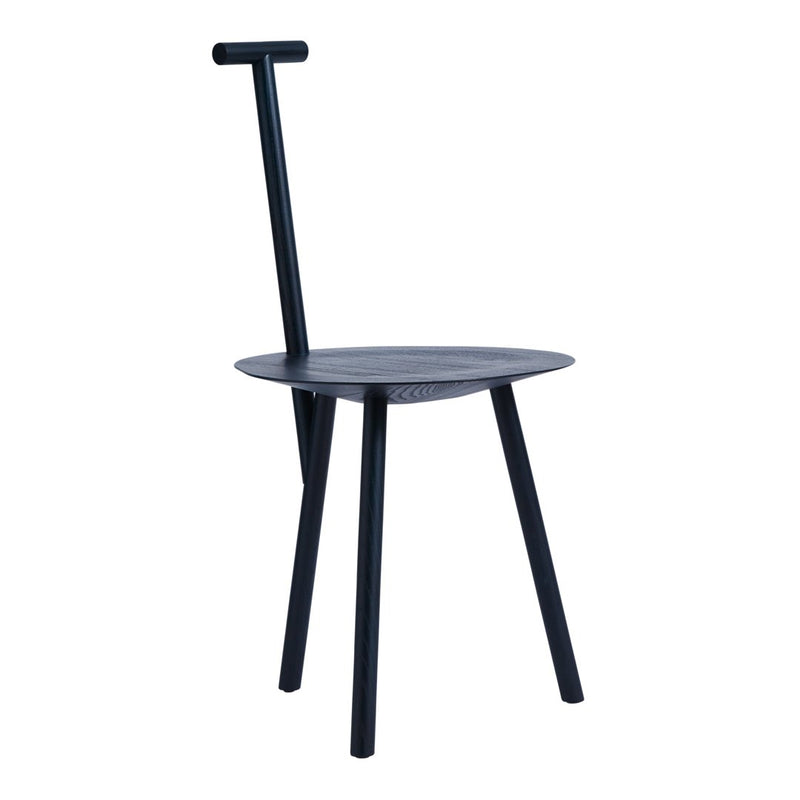 Black minimalist chair with a unique single backrest and circular seat, featuring a sleek, modern design.
