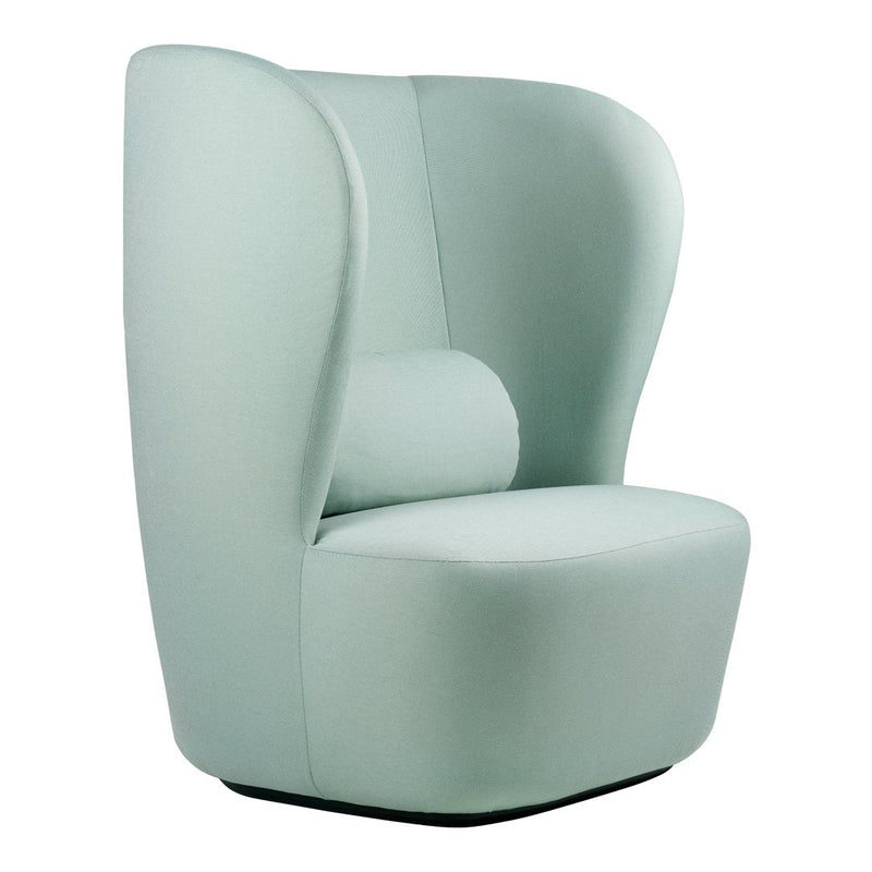 Mint green upholstered chair with a smooth, minimalist design and round edges. Modern and stylish accent piece.
