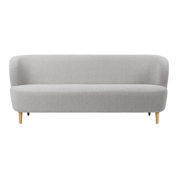 Light gray sofa with a smooth texture and rounded edges, featuring natural wood legs for a modern look.