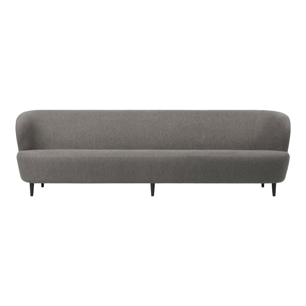 Modern gray sofa with a smooth, minimalist design and subtle texture, featuring sleek black legs.