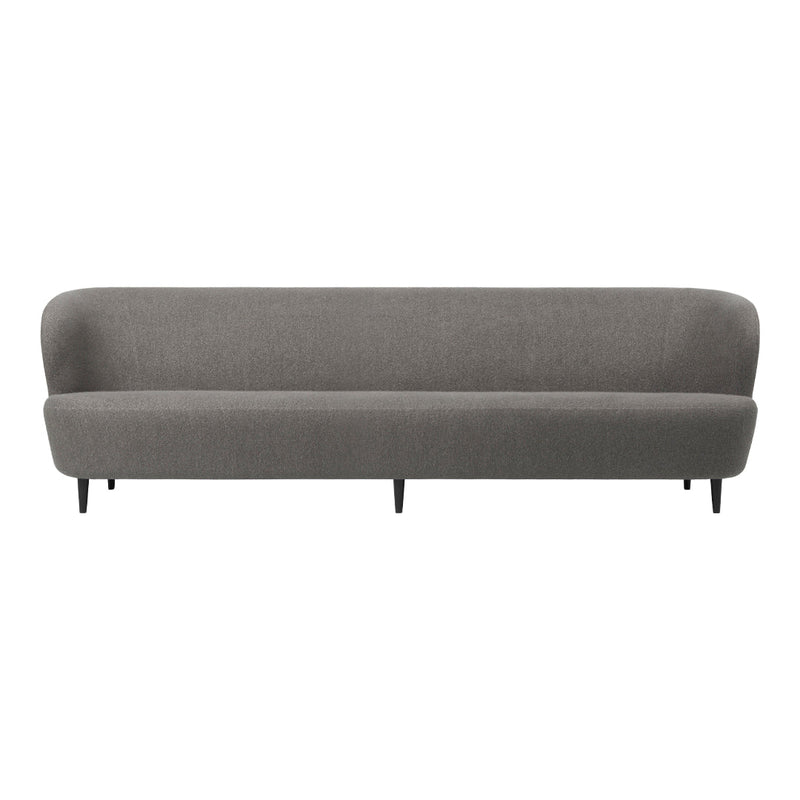 Modern gray sofa with a smooth, minimalist design and subtle texture, featuring sleek black legs.