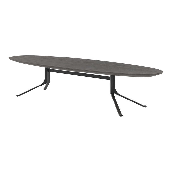 Sleek oval gray tabletop with black metal legs, featuring a modern minimalist design and smooth finish.