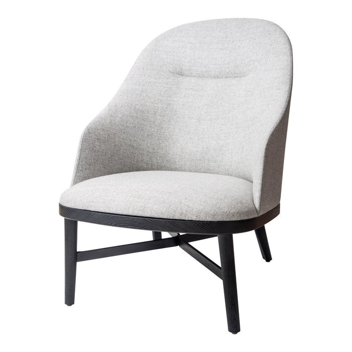 Stylish gray upholstered armchair with smooth, solid black wooden legs and minimalistic design.