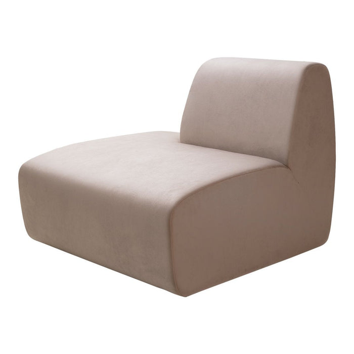 Beige upholstered lounge chair with a sleek, modern design and smooth, minimalist contours. Perfect for contemporary decor.
