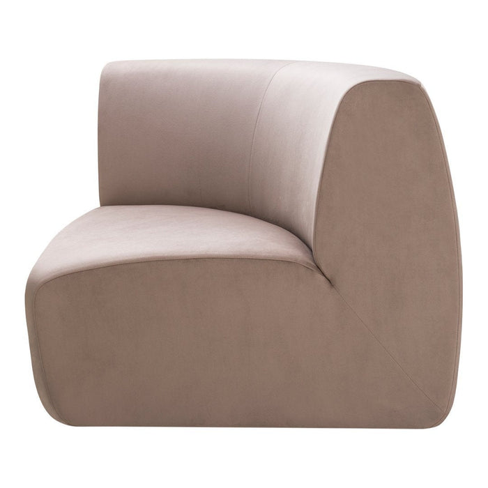 Curved sofa in soft taupe fabric with a smooth surface, perfect for modern and minimalist interiors.