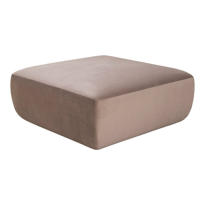 Square, taupe velvet pouf with a smooth, minimalistic surface and rounded edges, ideal for modern decor.