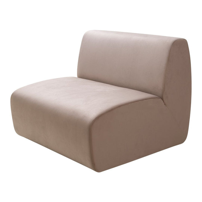 Soft beige upholstered chair with smooth, modern curves and minimalistic design. Perfect for stylish interiors.