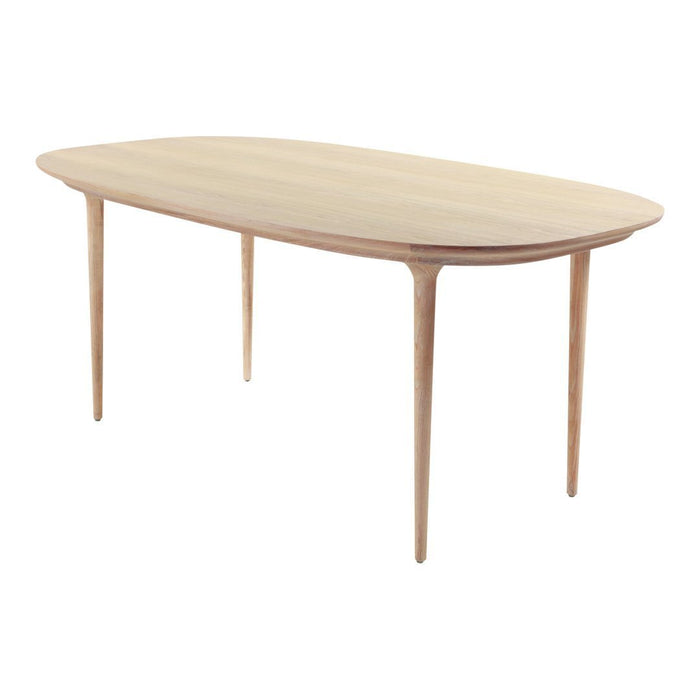 Light oak oval dining table with smooth, natural wood finish and tapered legs for a minimalist look.