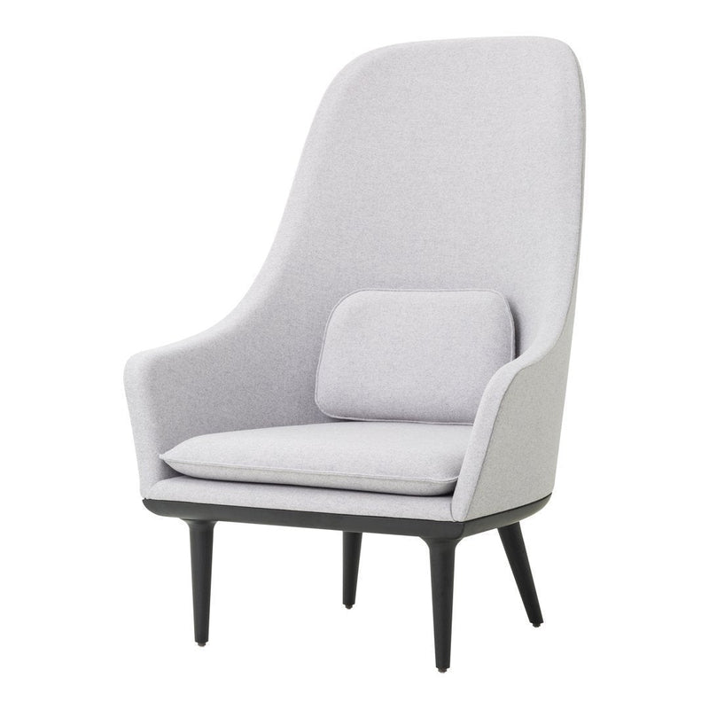 Light gray upholstered high-back chair with a modern design and dark wooden legs, perfect for contemporary decor.