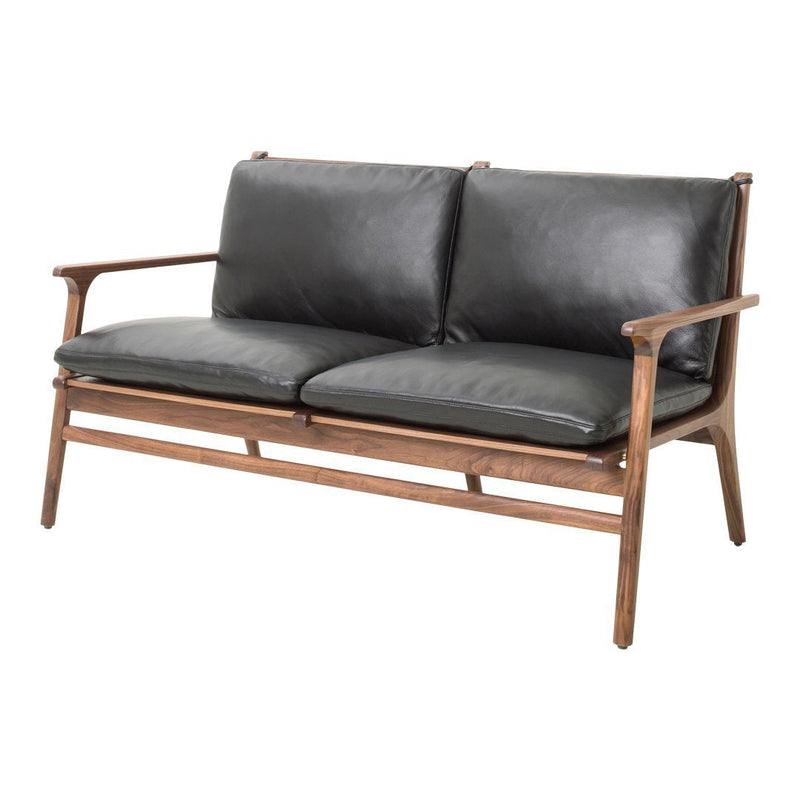 Mid-century modern loveseat in rich black leather with a warm walnut frame, showcasing clean lines and minimalistic design.