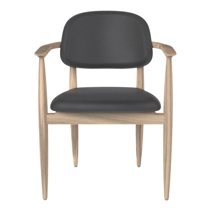 Black leather chair with a wooden frame, featuring a smooth surface and minimalistic design. Perfect for modern decor.