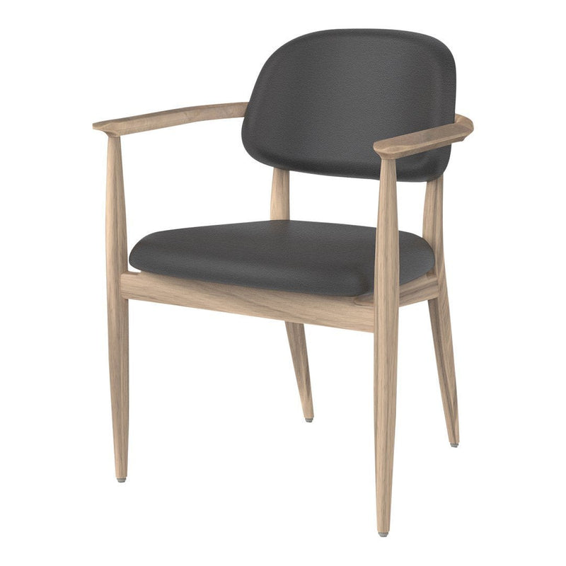 Stylish black upholstered chair with natural wooden legs, featuring a sleek, minimalist design.