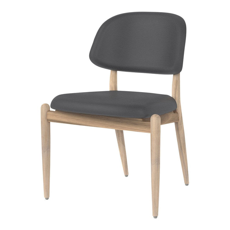 Modern chair with a sleek, charcoal gray cushion and light wood legs, featuring a minimalistic design.