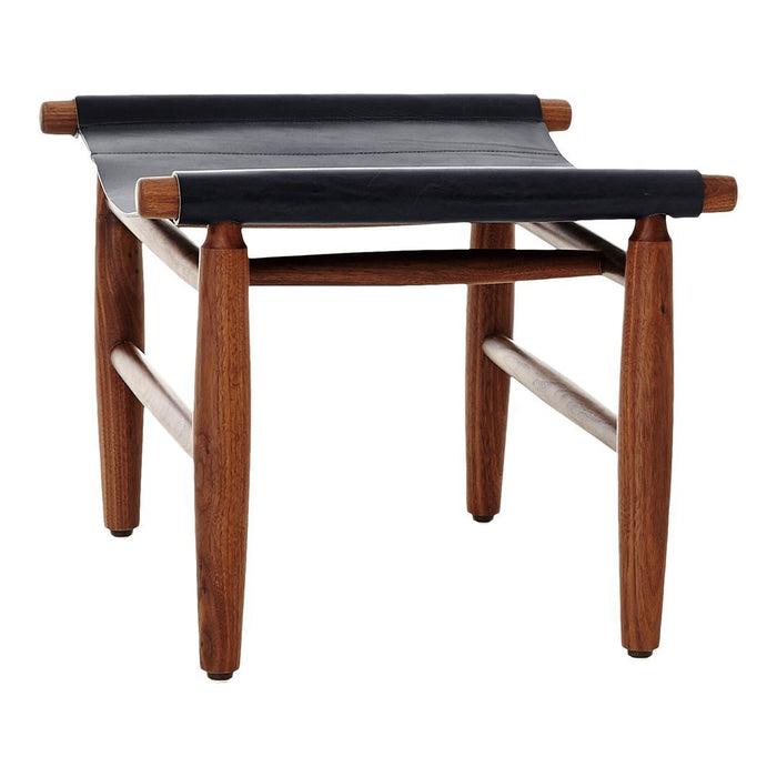 Black leather seat with natural wood legs, featuring a simple, minimalist design.