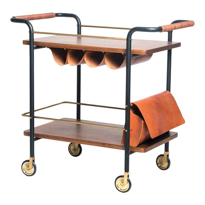 Wooden bar cart with dark walnut finish, black metal frame, and tan leather accents in a modern, minimalist design.