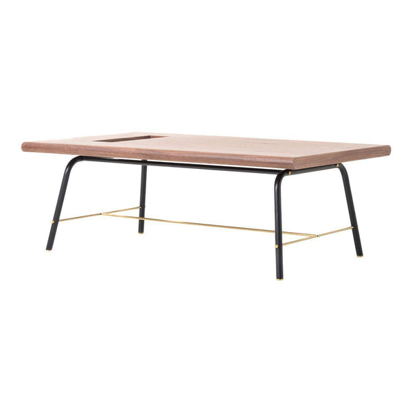 Wooden coffee table with a smooth, light brown surface and black metal legs accented by a sleek gold frame.