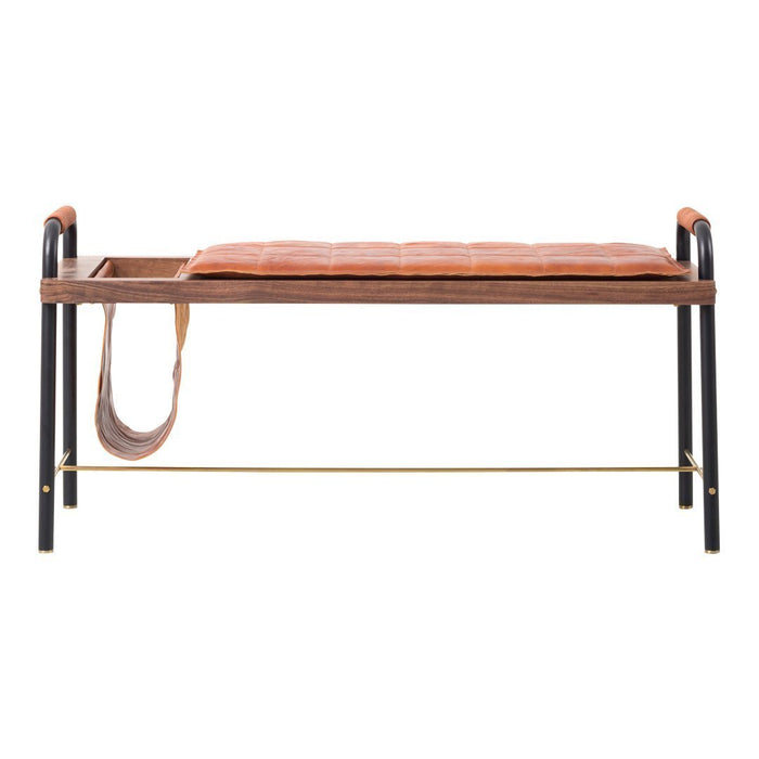 Modern wooden bench with a sleek black frame, a warm orange cushion, and subtle gold accents.