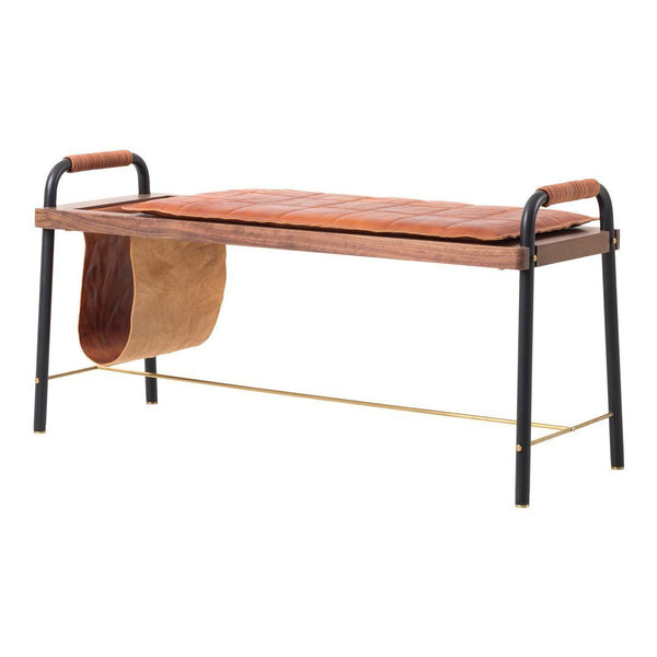 Brown leather bench with black metal frame and gold accents, featuring a smooth texture and minimalist design.