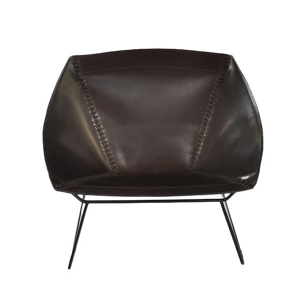 Chic dark brown chair with subtle stitching details and sleek black metal legs, perfect for modern interiors.