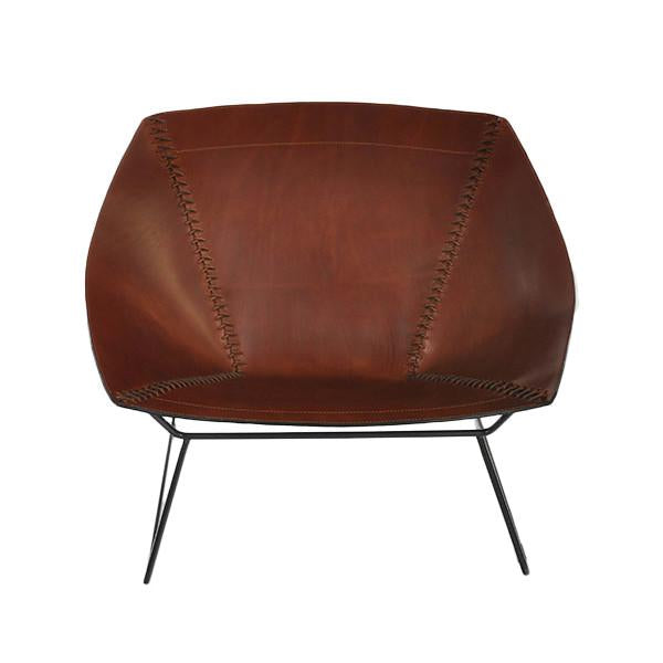 Brown leather chair with unique stitching details and sleek black metal legs, ideal for modern decor.