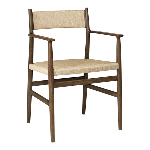 "Brown wooden chair with natural woven seat and backrest, featuring simple, minimalist design."