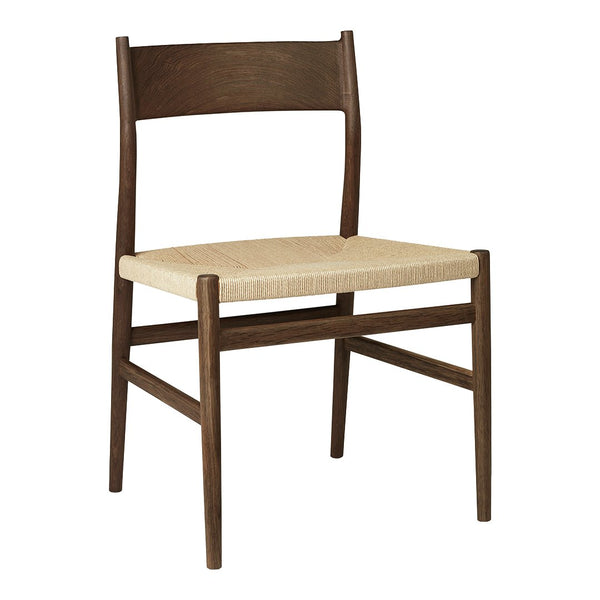 Wooden chair with a rich brown finish and natural woven seat, featuring a minimalist design and clean lines.