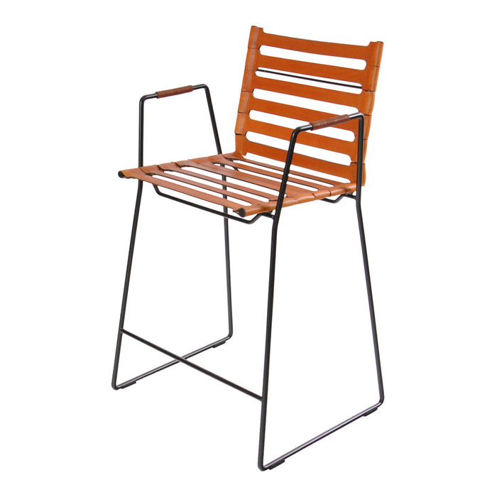 Wooden slatted bar chair in warm brown with a sleek black metal frame, perfect for modern decor.