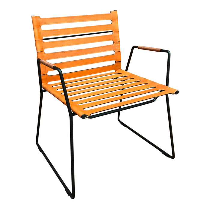 Orange slatted seat with black metal frame, modern design, perfect for indoor or outdoor use.