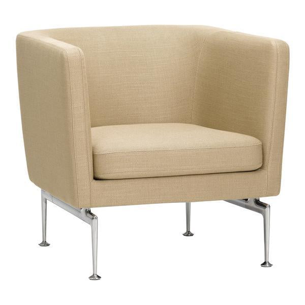 Beige upholstered armchair with a minimalist design and chrome legs. Perfect for modern decor.
