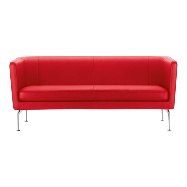 Bright red modern sofa with a sleek design and smooth leather finish, featuring minimalist metal legs.