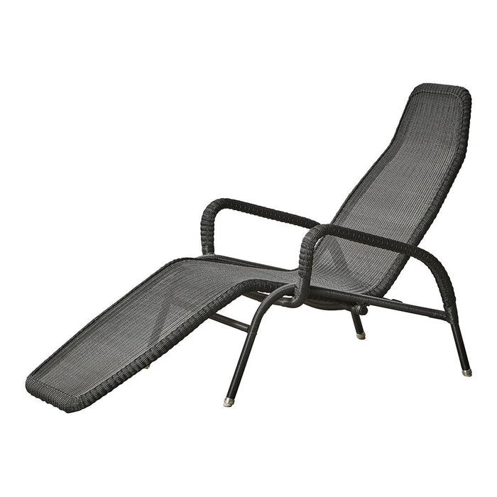 Black mesh chaise lounge with a sleek, modern design, perfect for outdoor relaxation. Features a minimalist style.