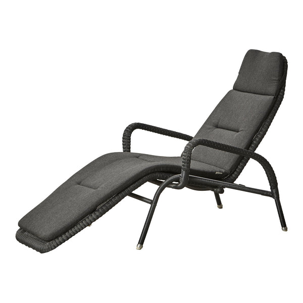 Gray lounge chair with sleek, modern design and padded cushions. Perfect for stylish outdoor relaxation.