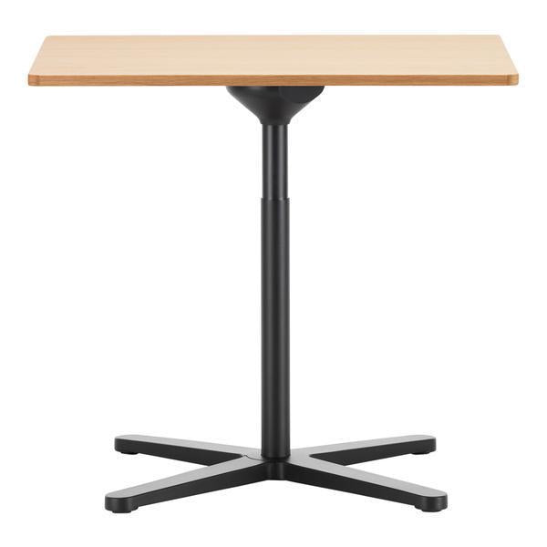Wooden top with natural finish and sleek black pedestal base, featuring a minimalist design and modern style.