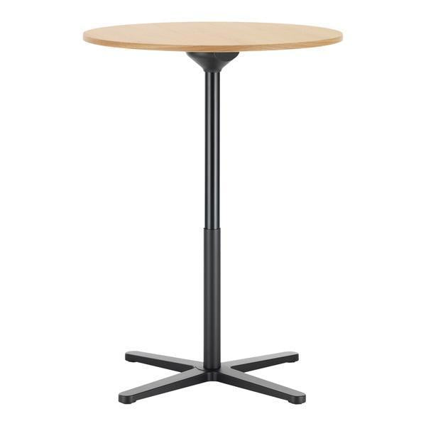 Light wood tabletop with a smooth finish, supported by a sleek black pedestal base and cross legs.