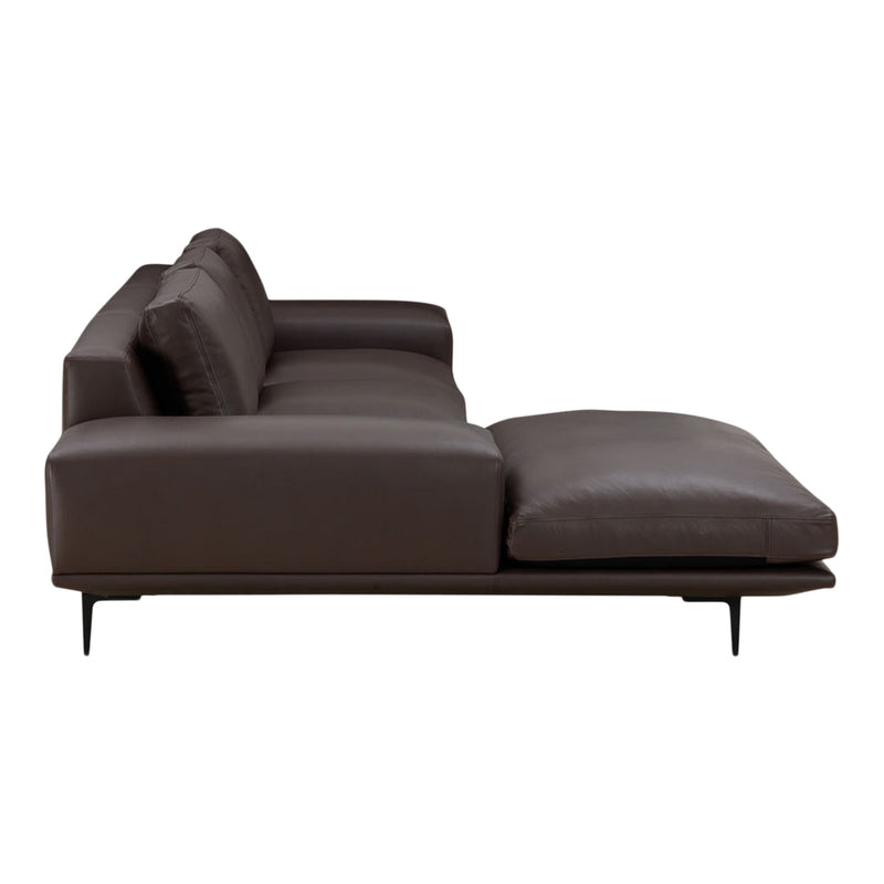 Dark brown modern sectional sofa with sleek lines and textured cushions, featuring a minimalist design.