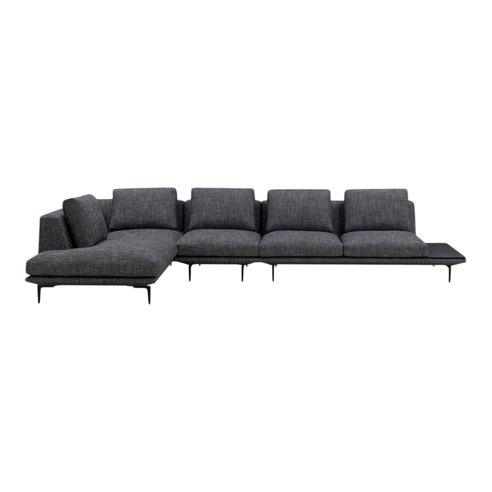 Gray modular sectional sofa with a textured fabric and sleek black legs, exuding modern elegance and comfort.